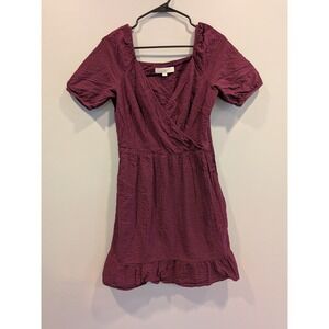 LOFT‎ Burgundy Textured Square Neck Puff Sleeve Ruffle Hem Dress Size 2